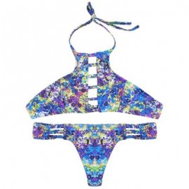 Halter Neck Backless Cut Out Print Tied Low Waist Women Bikini Set (DODGER BLUE)