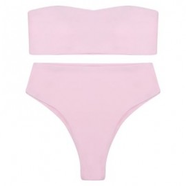 Strapless Padded Solid Color High Waist Two-piece Women Bikini Set (LIGHT PINK)