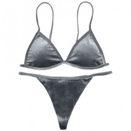 Spaghetti Strap Padded Backless Low Waist Velour Women Bikini Set (LIGHT SLATE GRAY)