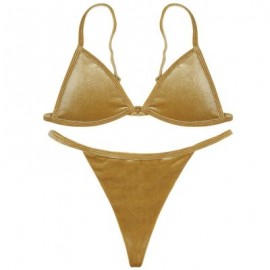 Spaghetti Strap Padded Backless Low Waist Velour Women Bikini Set (LIGHT KHAKI)