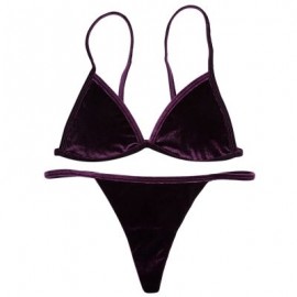 Spaghetti Strap Padded Backless Low Waist Velour Women Bikini Set (PURPLE IRIS)