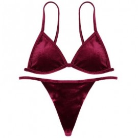 Spaghetti Strap Padded Backless Low Waist Velour Women Bikini Set (RED WINE)