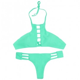 Halter Neck Backless Cut Out Tied Strap Low Waist Women Bikini Set (BLUE GREEN)