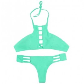 Halter Neck Backless Cut Out Tied Strap Low Waist Women Bikini Set (BLUE GREEN)