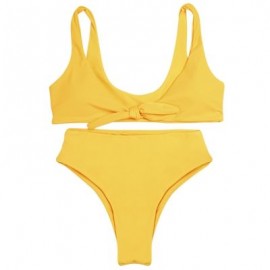 Shoulder Strap Backless Padded Bowknot Solid Color Women Bikini Set (RUBBER DUCKY YELLOW)