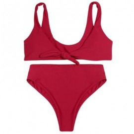 Shoulder Strap Backless Padded Bowknot Solid Color Women Bikini Set (CHERRY RED)