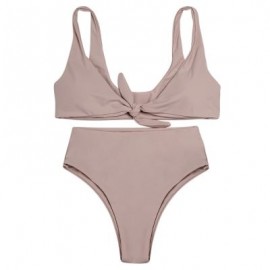 Shoulder Strap Backless Padded Bowknot Solid Color Women Bikini Set (APRICOT)