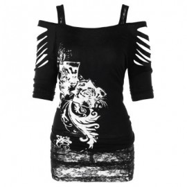 Women Cold Shoulder Hollow Sleeve Printed Floral Lace Shirt Female Blouse (BLACK)