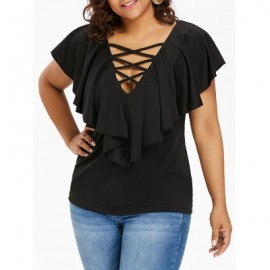 Criss Cross Plus Size Ruffle Insert T-shirt (BLACK)