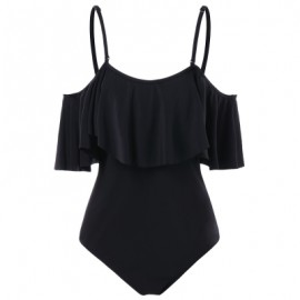 Spaghetti Strap Flounce Cold Shoulder One Piece Swimwear (BLACK)