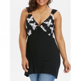 Plus Size Butterfly Pattern Deep V Neck Tank Top (BLACK)