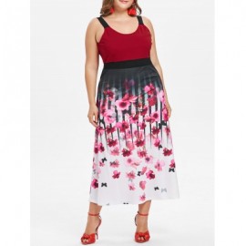 Plus Size Floral Tea Length Dress (LAVA RED)