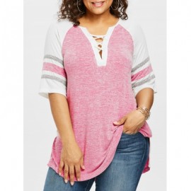 Plus Size Lace Up Side Slit Marled T-shirt (FLAMINGO PINK)