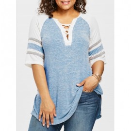 Plus Size Lace Up Side Slit Marled T-shirt (LIGHT BLUE)