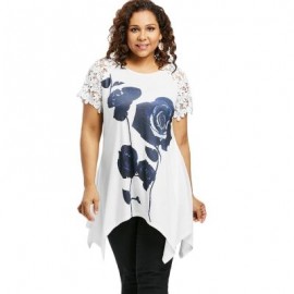 Plus Size Flower Pattern Lace Sleeve T-shirt (WHITE)