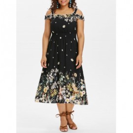 Plus Size Ruffle Trim Floral Dress (BLACK)