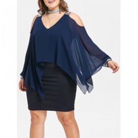 PLUS SIZE LONG SLEEVE MESH OVERLAY DRESS (DEEP BLUE)