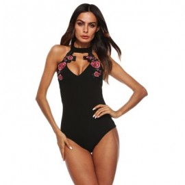 Halter Neck Cut Out Backless Floral Embroidery Women Bodysuit (BLACK)