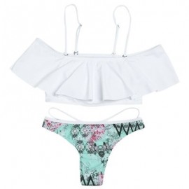 Strapless Spaghetti Strap Flounce Padded Print Low Waist Women Bikini Set (WHITE)
