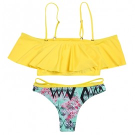 Strapless Spaghetti Strap Flounce Padded Print Low Waist Women Bikini Set (YELLOW)