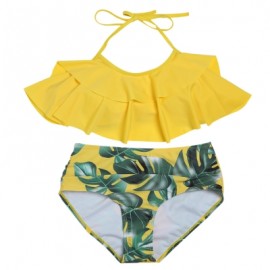 Halter Neck Padded Flounce Print High Waist Women Bikini Set (YELLOW)