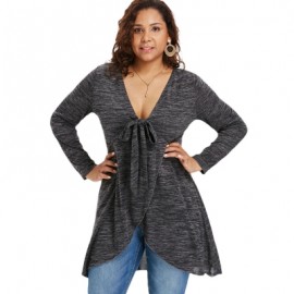 Plus Size Deep V Neck Long Sleeve T-shirt (BLACK)