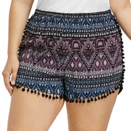 Plus Size Ethnic Print Tassel Shorts (BLACK)
