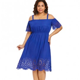 Plus Size Square Neck Cutwork Knee Length Dress (COBALT BLUE)