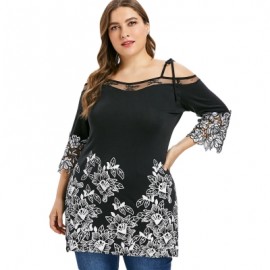 Plus Size Lace Applique Cold Shoulder Floral T-shirt (BLACK)
