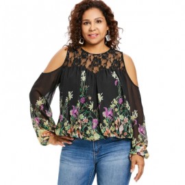 Plus Size Cold Shoulder Lace Trim Floral Sheer Blouse (BLACK)