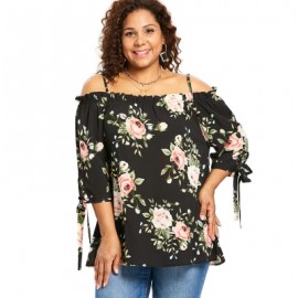 Plus Size Floral Tie Sleeve Blouse (BLACK)