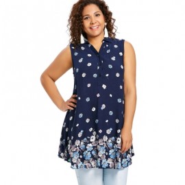 Plus Size Buttoned Floral Tank Top (DEEP BLUE)