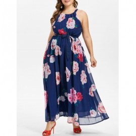 Plus Size Belted Flower Maxi Dress (NAVY BLUE)