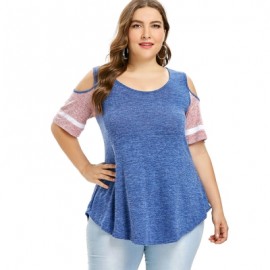 Plus Size Color Blocking Cold Shoulder Swing T-shirt (BLUE)