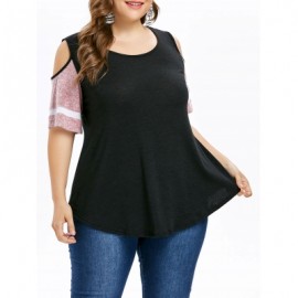 Plus Size Color Blocking Cold Shoulder Swing T-shirt (BLACK)