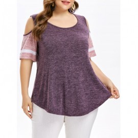 Plus Size Color Blocking Cold Shoulder Swing T-shirt (TULIP PINK)