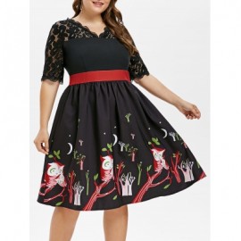 Plus Size Owl Printed Lace Yoke Dress (BLACK)