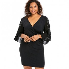 Plus Size Plunging Neck Flare Sleeve Surplice Dress (BLACK)