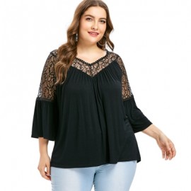Plus Size Lace Panel Flare Sleeve T-shirt (BLACK)