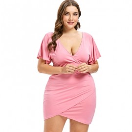 Plus Size Flare Sleeve Plunging Neck Mini Fitted Surplice Dress (LIGHT PINK)
