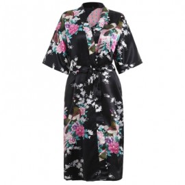 Flower Print Sleeping Robe with Belt (BLACK)