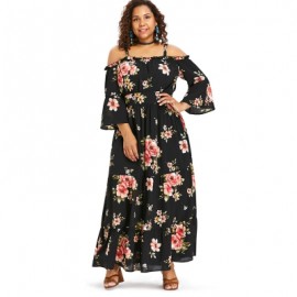 Plus Size Floral Cold Shoulder Ruffle Dress (BLACK)