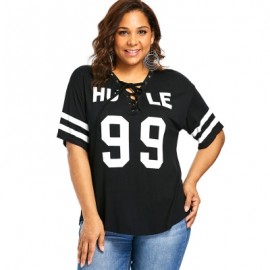 Letter Print Plus Size Criss Cross Color Blocking T-shirt (BLACK)
