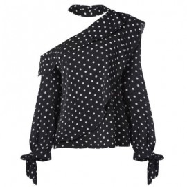 Halter Asymmetrical Shoulder Long Sleeve Tied Bowknot Dotted Women Blouse (BLACK)