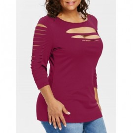 Plus Size Ladder Ripped Cut Front T-shirt (ROSE RED)
