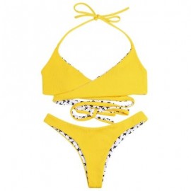 Halter Neck Backless Padded Criss-cross Strap Low Waist Women Bikini Set (CORN YELLOW)
