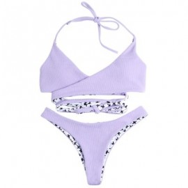 Halter Neck Backless Padded Criss-cross Strap Low Waist Women Bikini Set (LAVENDER BLUE)