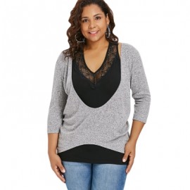 Plus Size Plunging T-shirt with Lace Trim Tank Top (LIGHT GRAY)