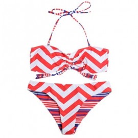 Halter Neck Backless Padded Chevron Stripe Low Waist Women Bikini Set (RED)