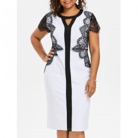 PLUS SIZE KEYHOLE NECK LACE INSERT BODYCON DRESS (WHITE)